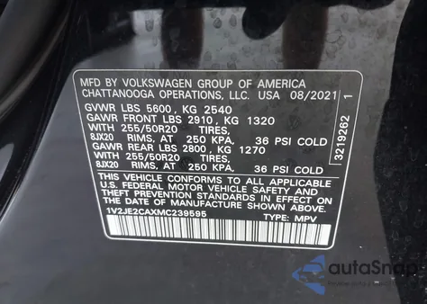 2021 Volkswagen Atlas Cross Sport 3.6L V6 Se W/Technology z USA, uszkodzony, nr VIN 1V2JE2CAXMC239595